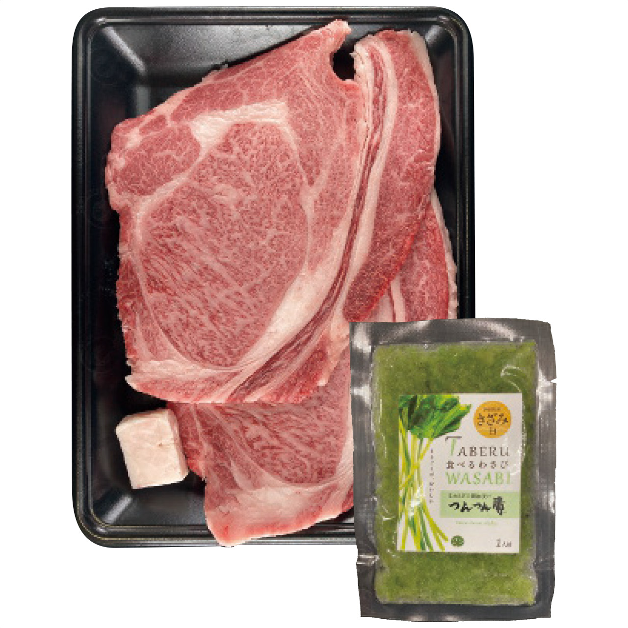 萬野和牛ロースステーキ2枚＆食べるワサビつんつん漬けセット