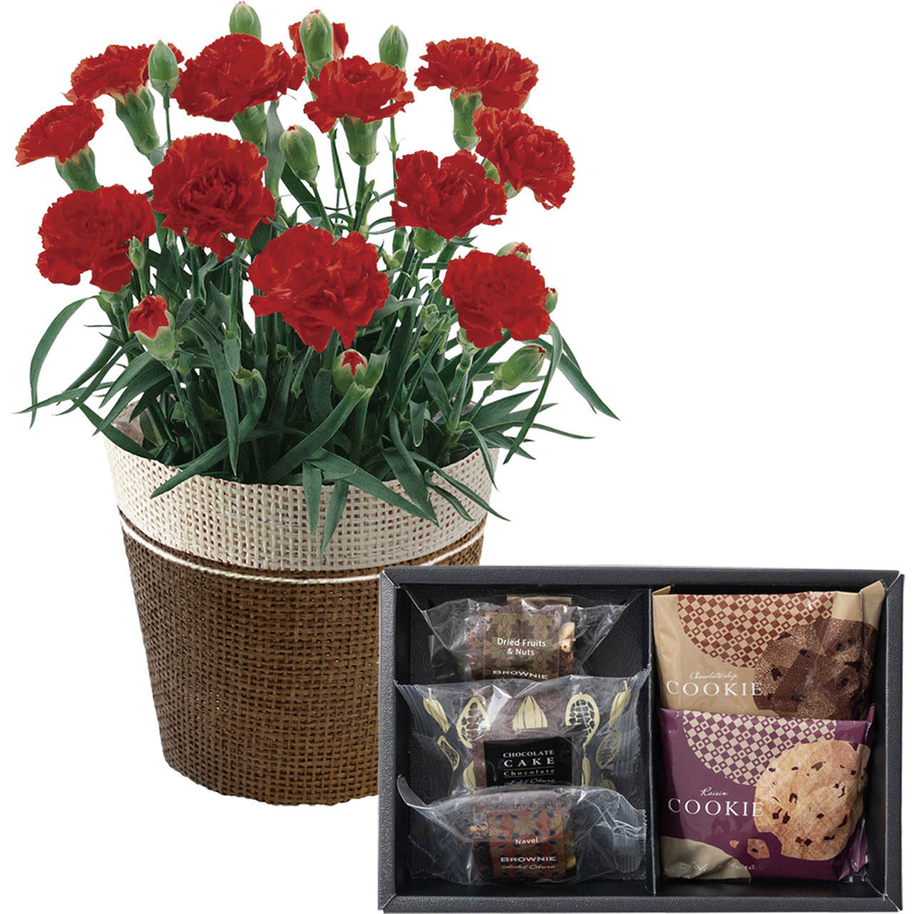 母の日 カーネーションレッド4号&ホテルオークラ ケーキ＆ブラウニー＆クッキーアソート セット