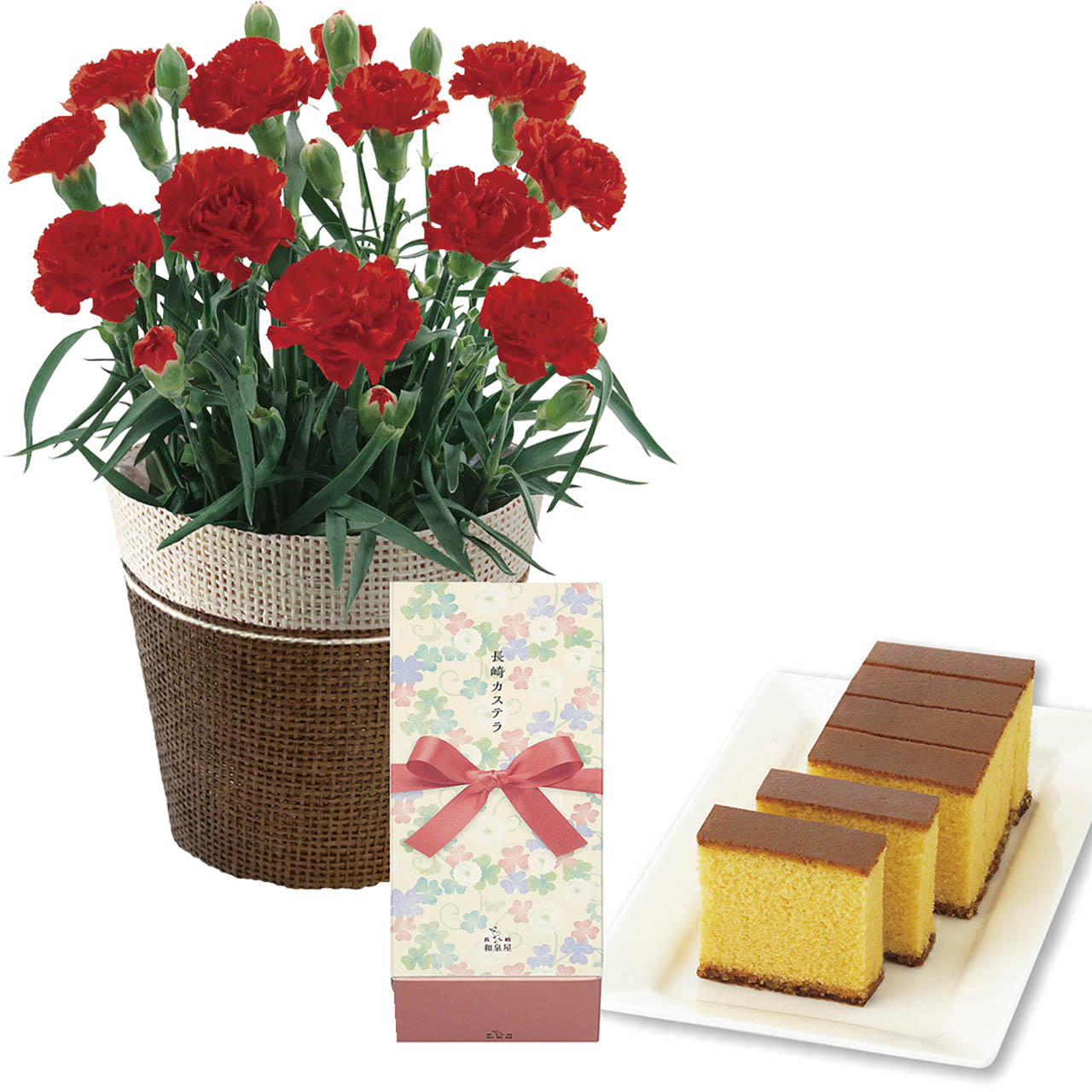 母の日 カーネーションレッド4号&長崎かすてらセット