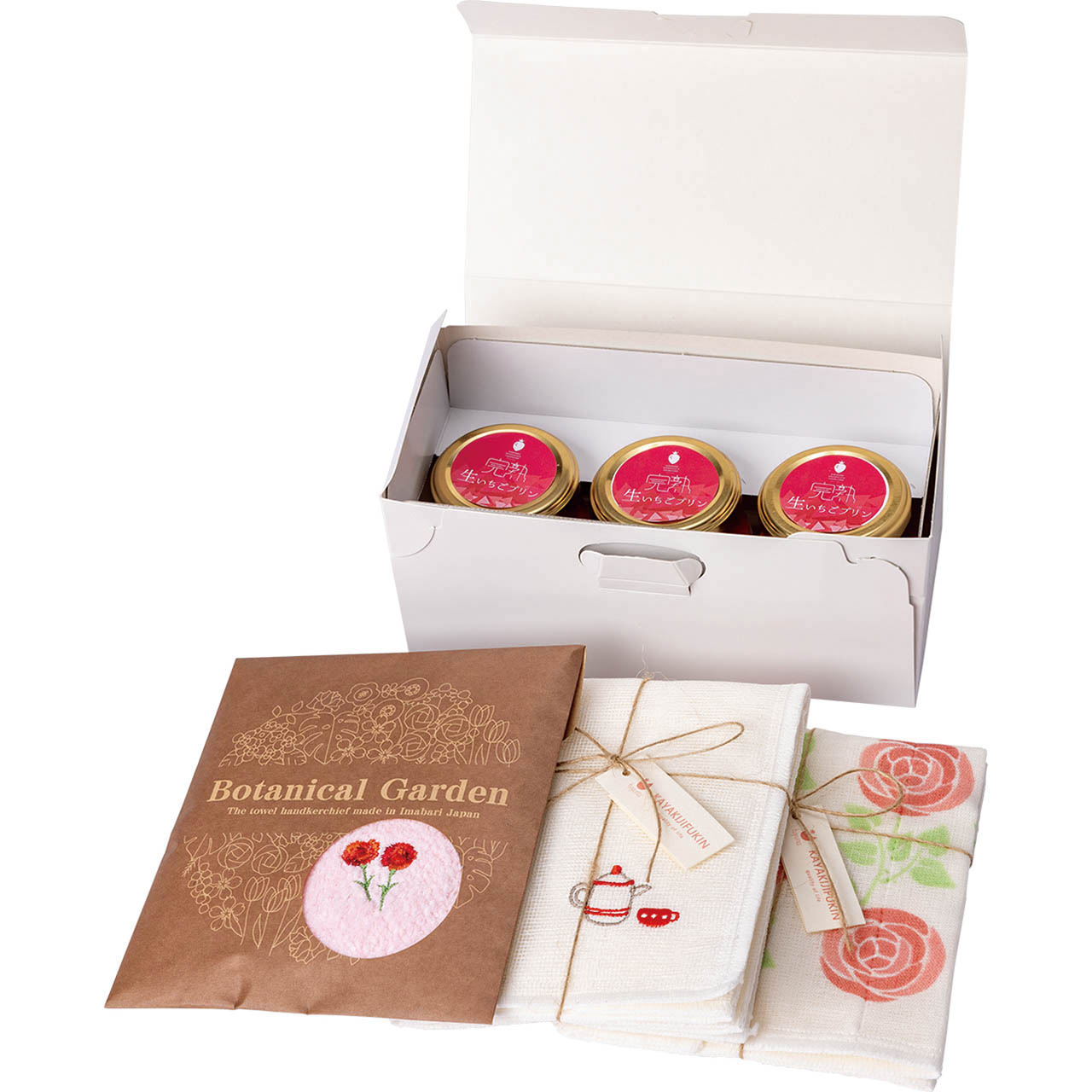 母の日 完熟生いちごプリン＆今治ハンカチ・かや生地ふきんセット