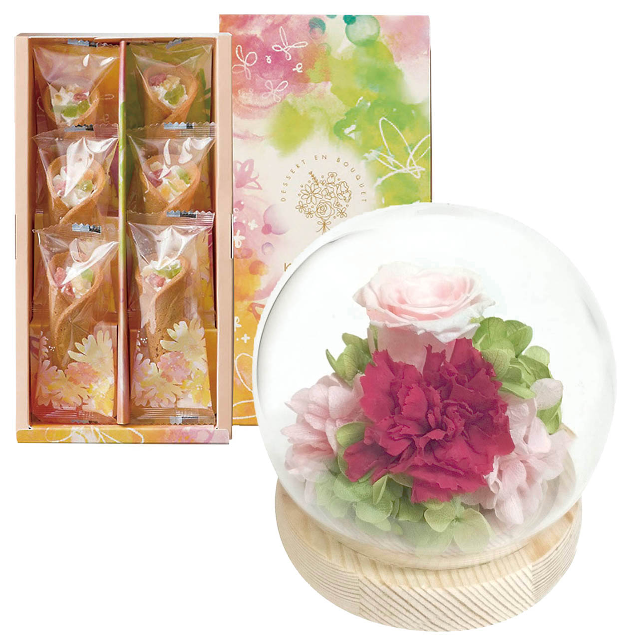 敬老祝 スフィアドームアレンジメント 咲(さき)ピンク＆花束のデザート6個入ギフトセット