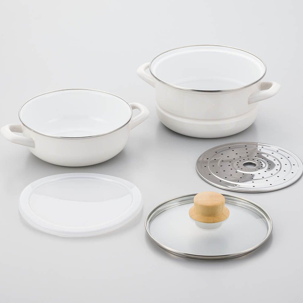 （アピデ　×　富士ホーロー）　マルチホーロー鍋　”ハットポット”　蒸し器付き　18ｃｍ　ホワイト